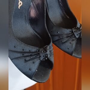 Nina Peep Toe Satin Heels With Rhinestones